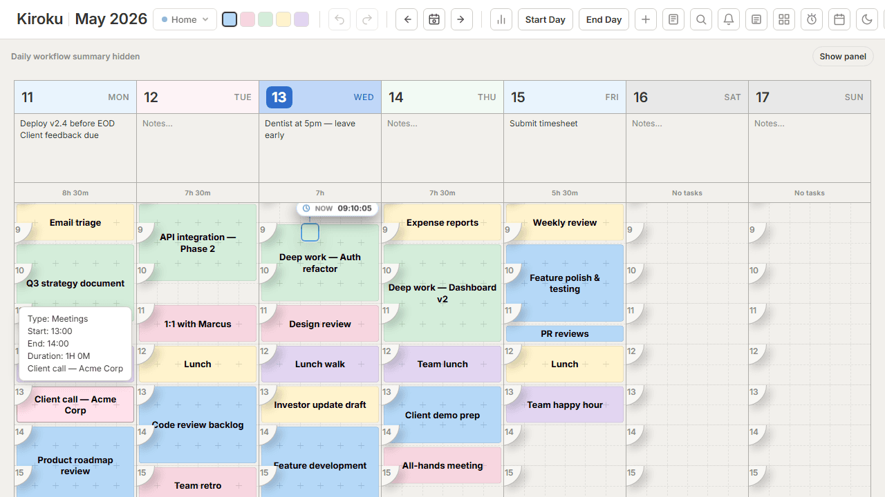 Kiroku hover overlay showing task details including start time, end time, duration, and type