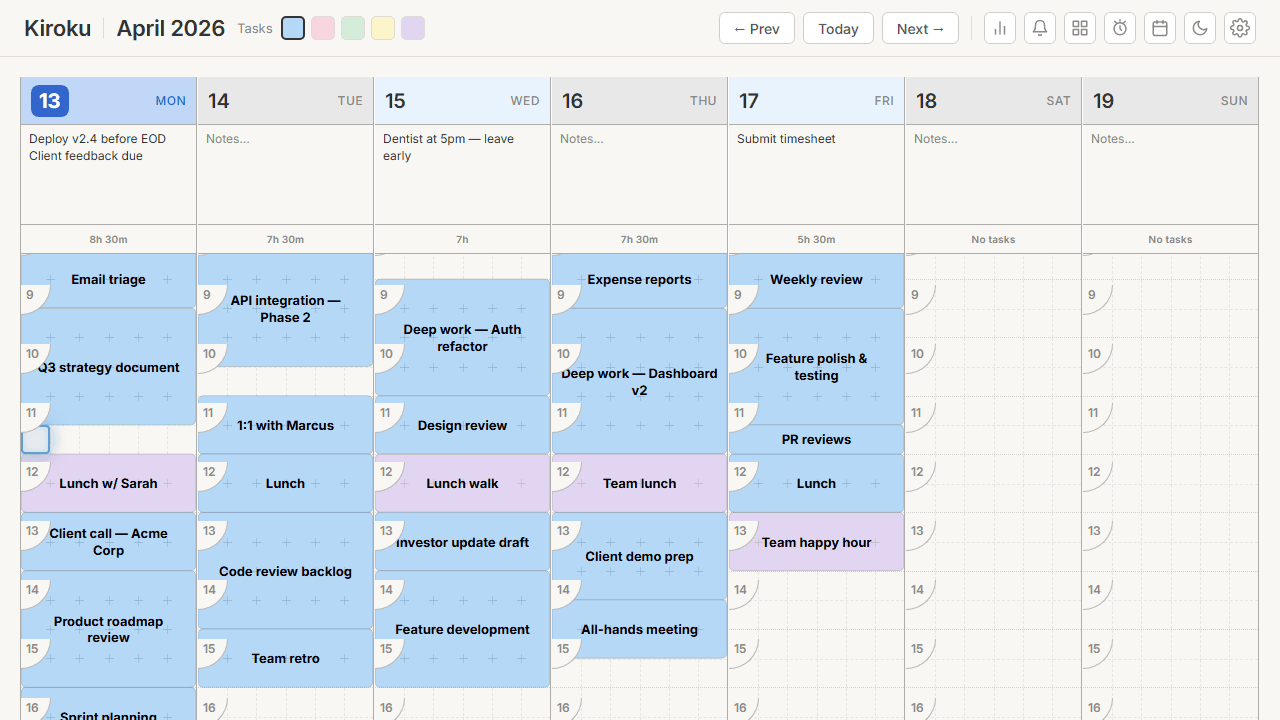 Kiroku weekly planner interface showing a visual time-block grid
