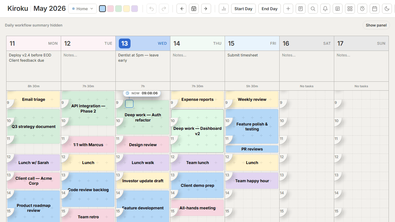 Kiroku weekly planner interface showing a visual time-block grid